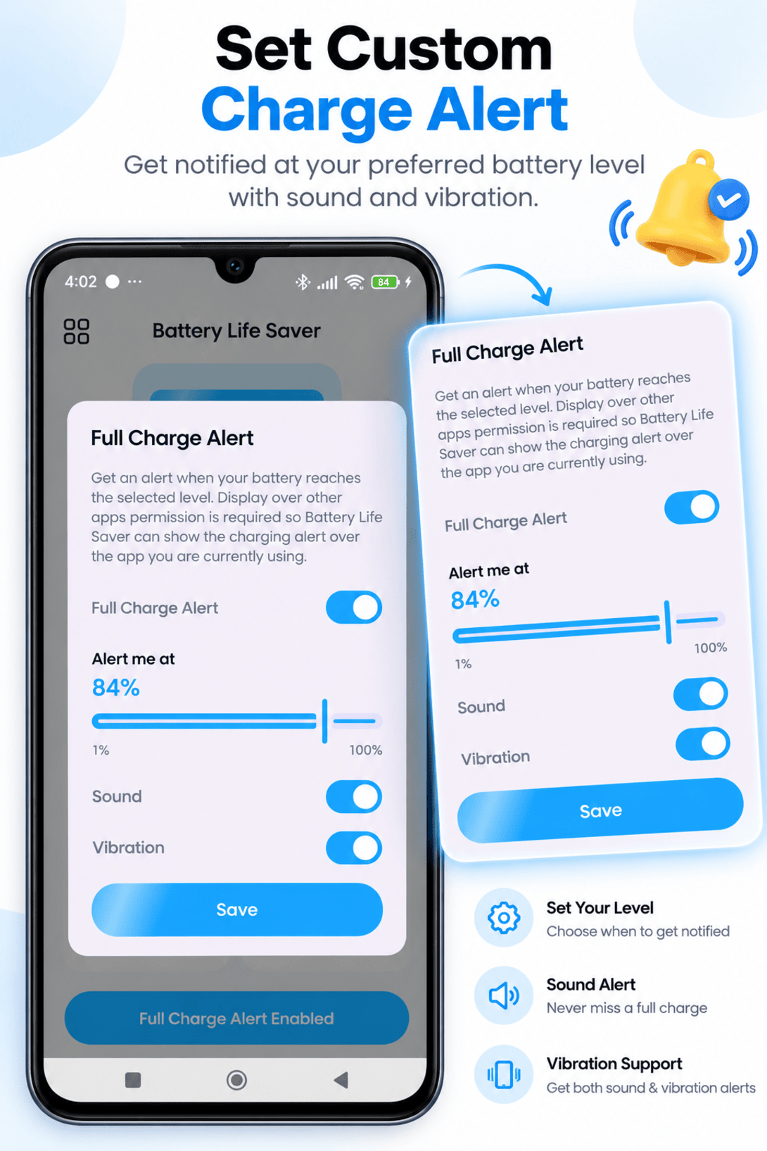 Alert settings screen for choosing a custom charge threshold with sound and vibration options