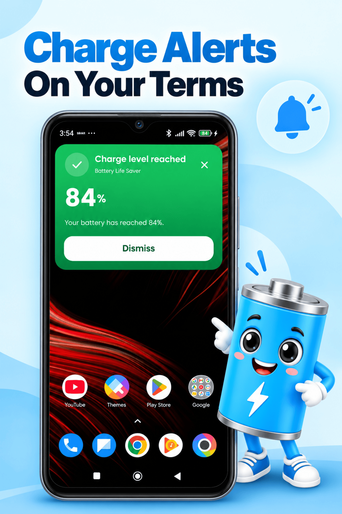 Battery Care overlay alert appearing over the Android home screen when the charge level is reached