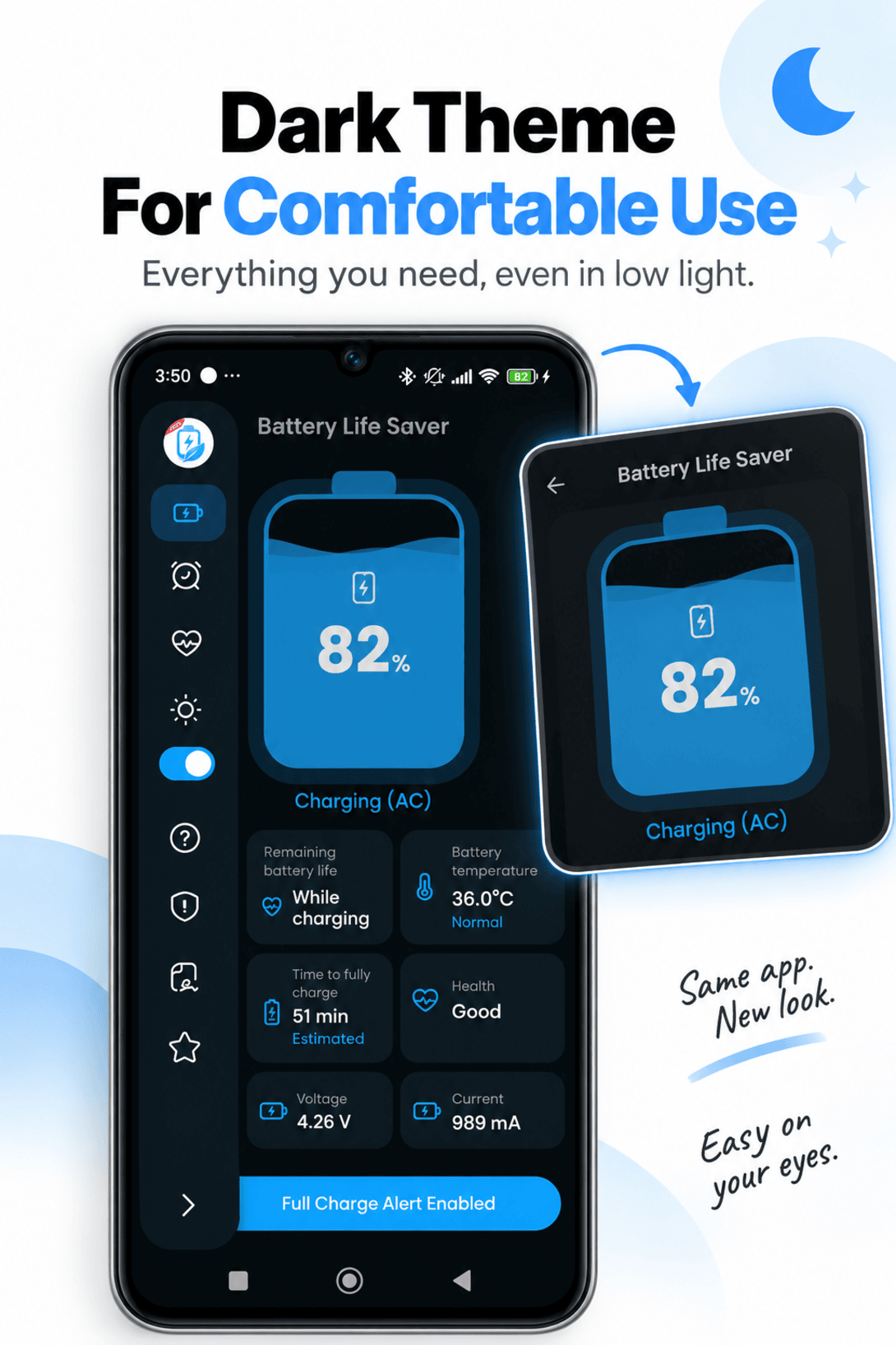 Battery Care charging details screen in dark theme showing battery percentage while charging