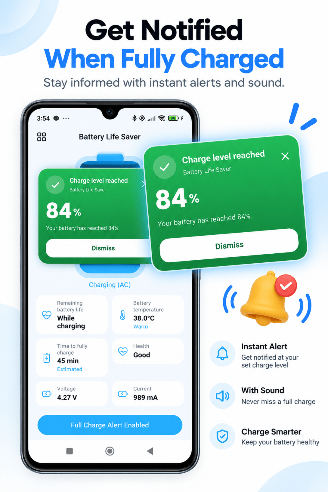 Full charge alert dialog showing that the selected battery charge level has been reached